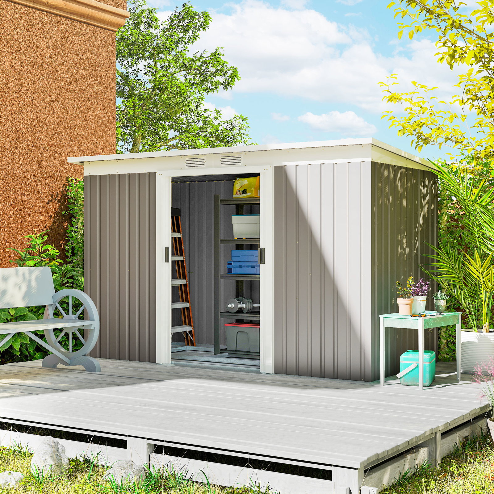 Abrigo de Jardim 280x130x172 cm Abrigo de Exterior de Aço Galvanizado com Porta Corredeira e Ventilações Cinza