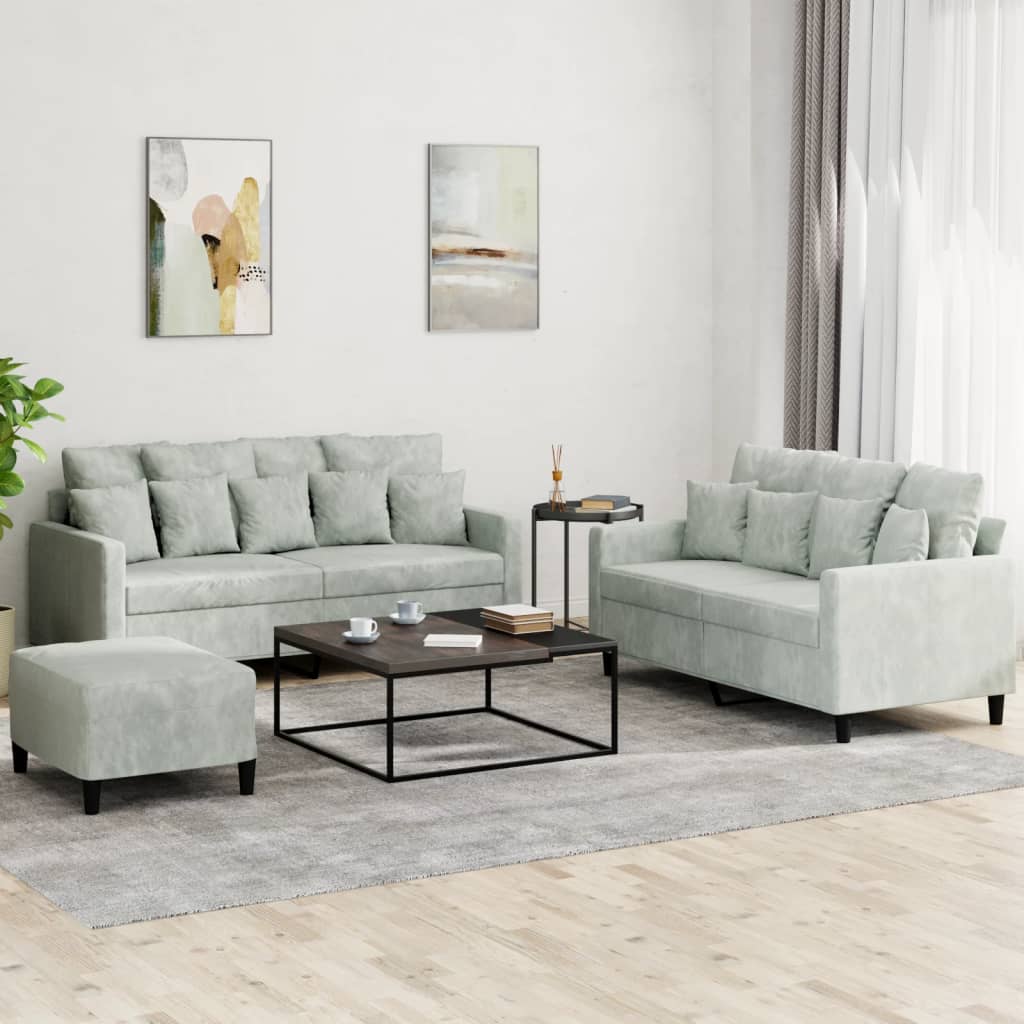 3 Pcs conjunto de sofás com almofadões veludo cinzento-claro