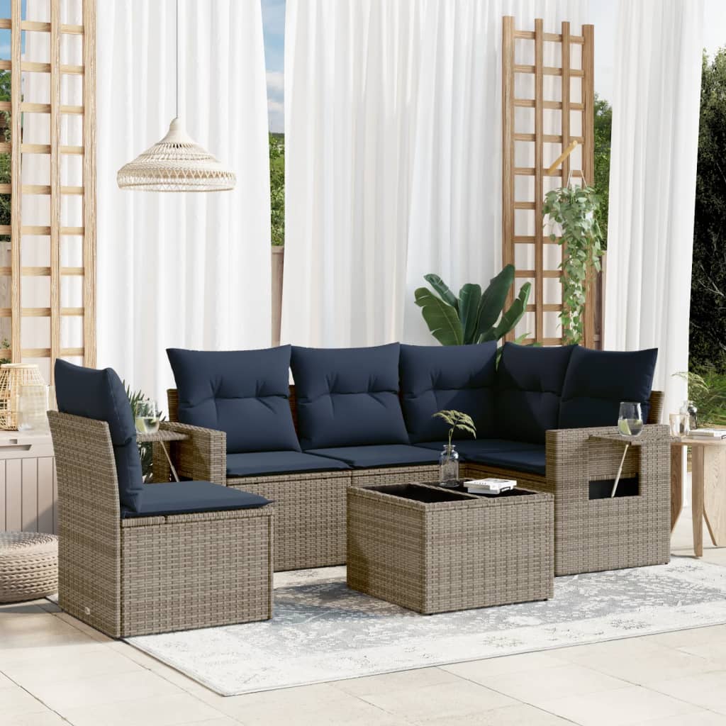 Conjunto de sofá de jardim com 6 peças e almofadas em rattan sintético cinza