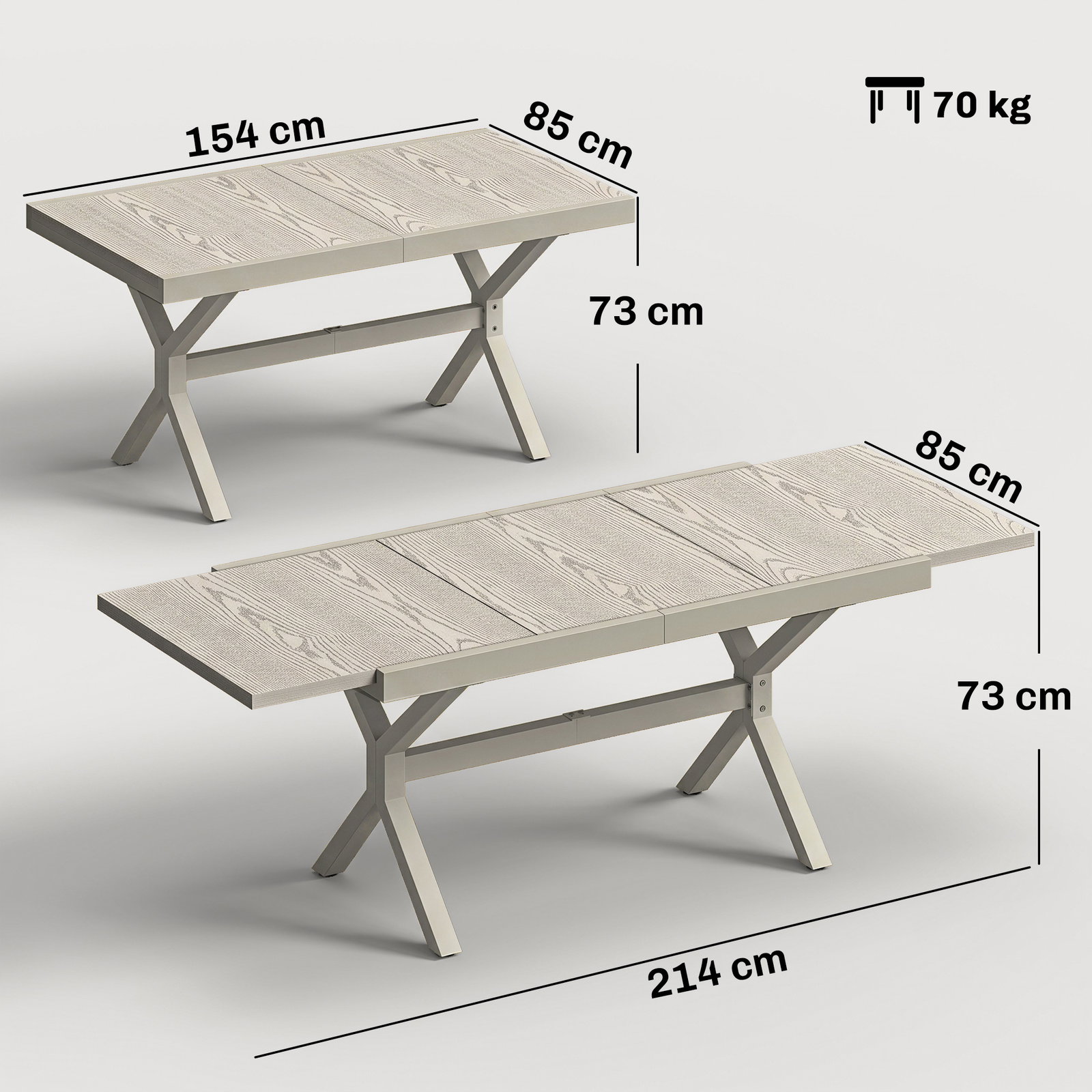 Mesa de jardim extensível com superfície em alumínio 154/214x85 cm com efeito madeira para 8-10 pessoas cinza claro