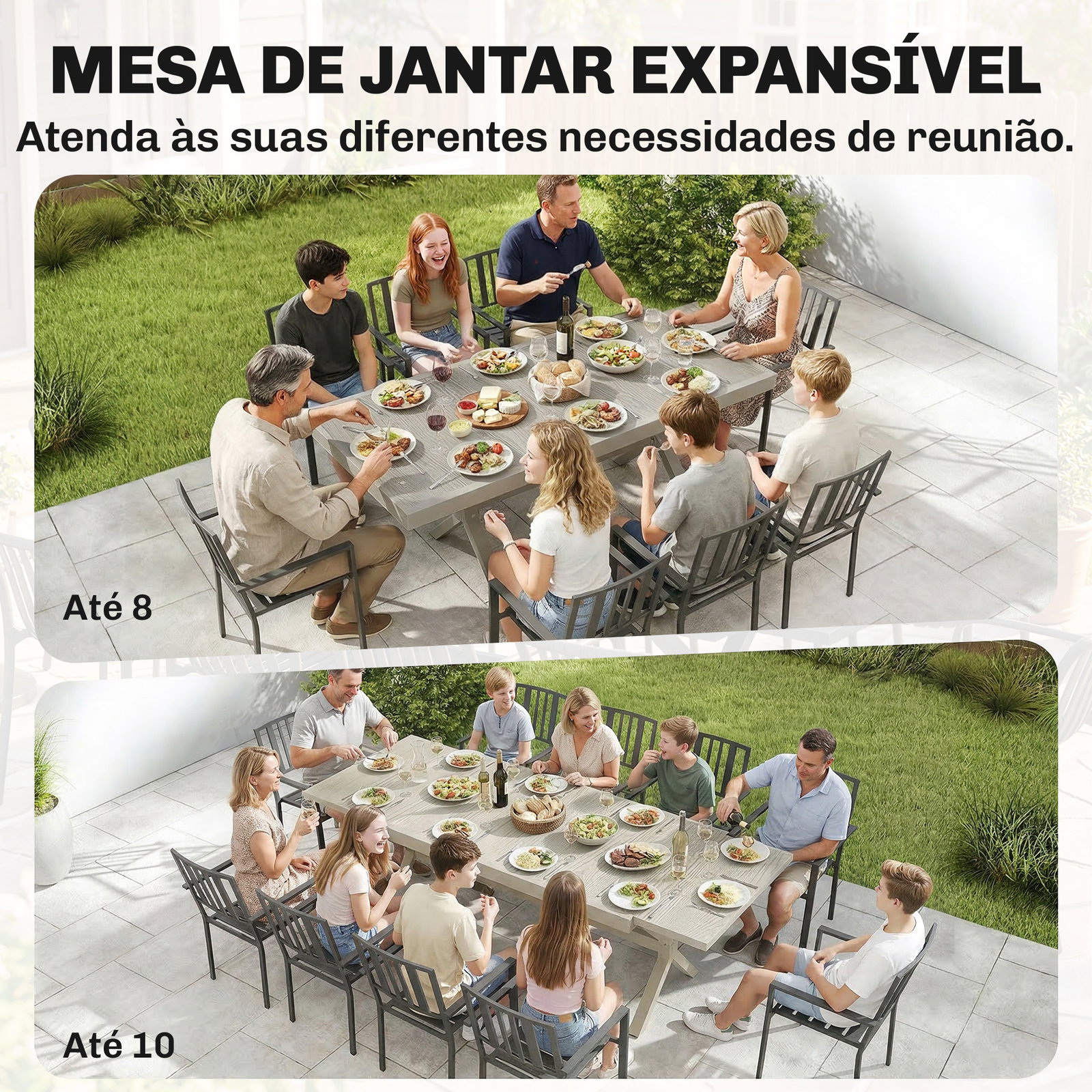 Mesa de jardim extensível com superfície em alumínio 154/214x85 cm com efeito madeira para 8-10 pessoas cinza claro