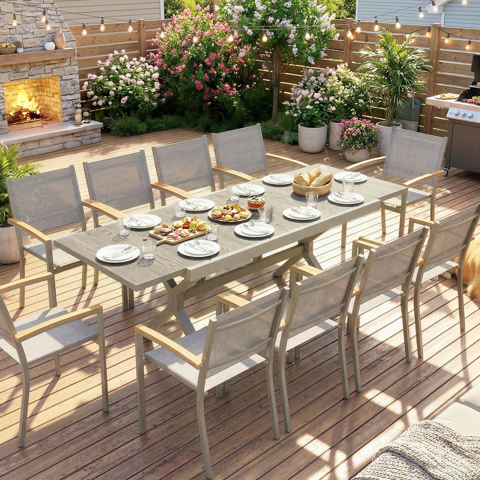 Mesa de jardim extensível com superfície em alumínio 154/214x85 cm com efeito madeira para 8-10 pessoas cinza claro