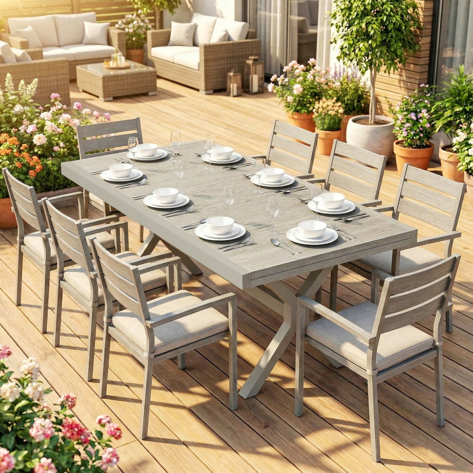 Mesa de jardim extensível com superfície em alumínio 154/214x85 cm com efeito madeira para 8-10 pessoas cinza claro