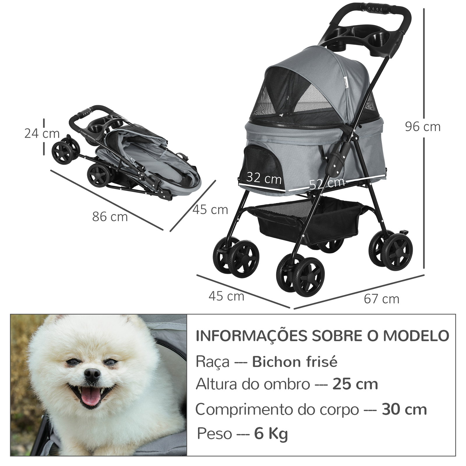 Carrinho de animal de estimação dobrável removível de aço Tecido Oxford Rodas giratórias Freios Janela para gatos pequenos Cães