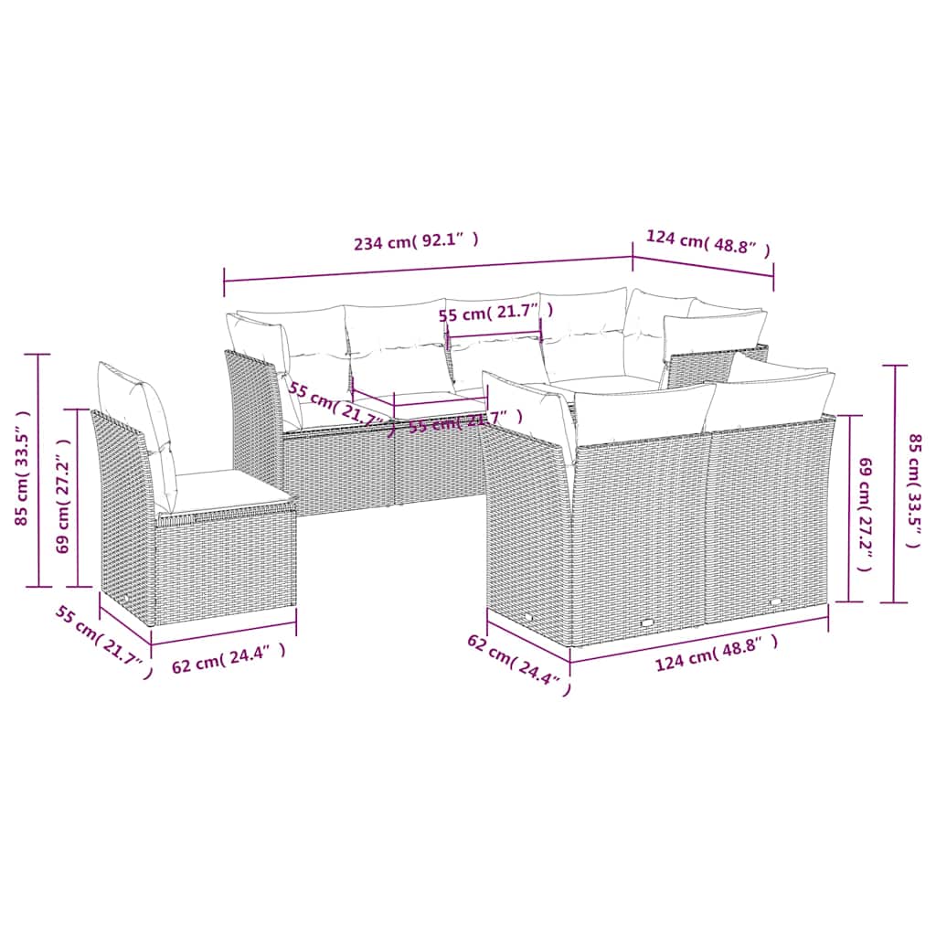 8 Pcs conjunto sofás de jardim com almofadões vime PE preto