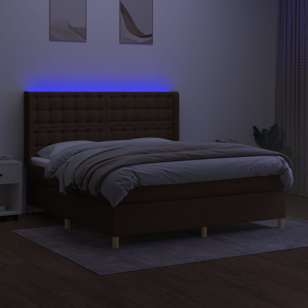Cama box spring c/ colchão/LED 160x200cm tecido castanho-escuro