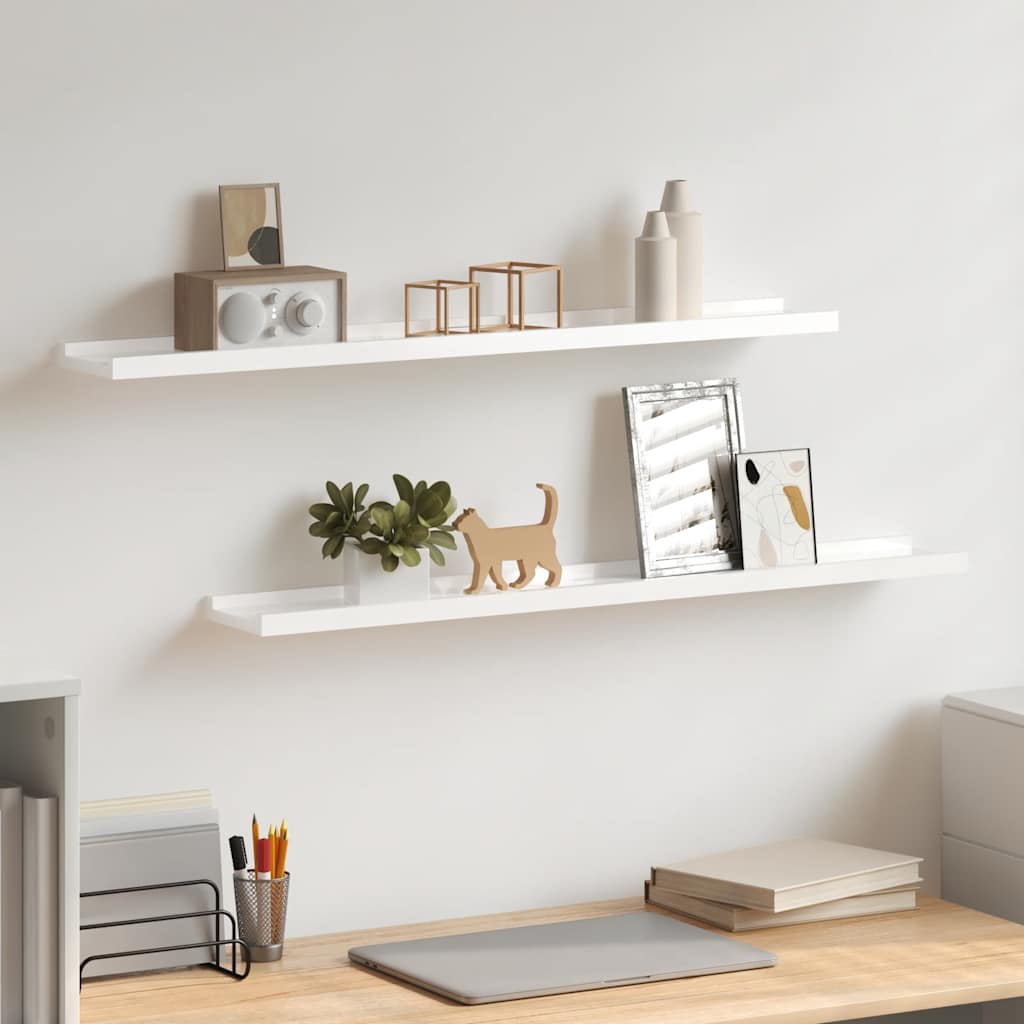 Prateleiras de parede 2 pcs 80x9x3 cm branco brilhante