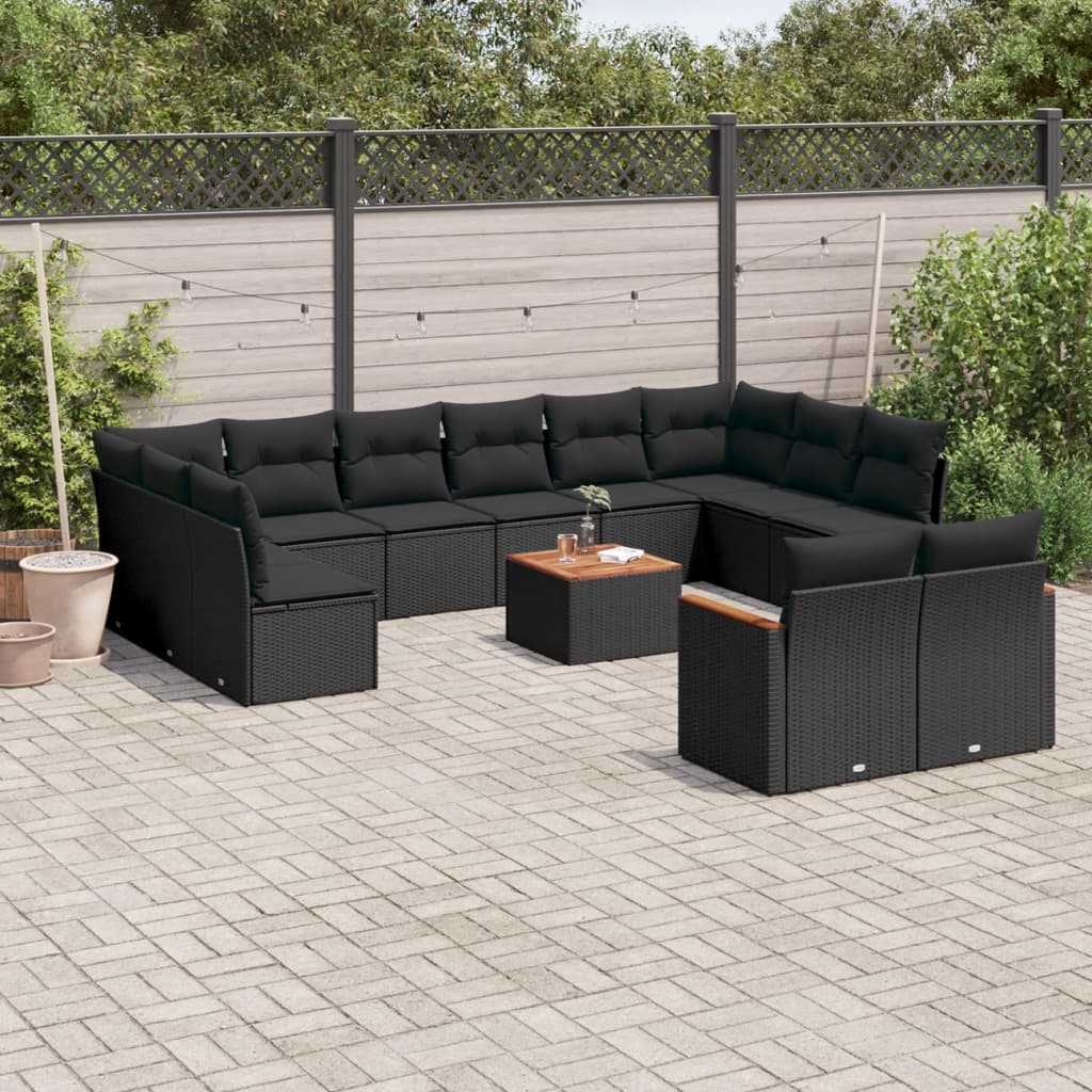 13 Pcs conjunto de sofás de jardim com almofadões vime PE preto