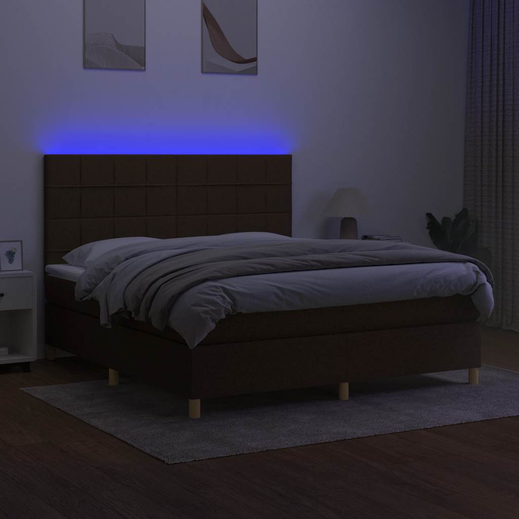 Cama box spring c/ colchão/LED 180x200cm tecido castanho-escuro