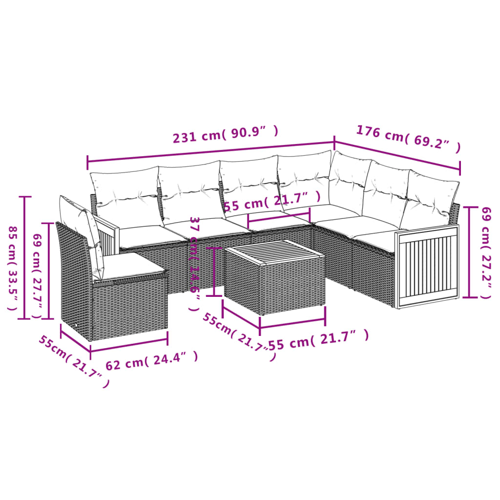 7 Pcs conjunto sofás p/ jardim c/ almofadões vime PE cinzento