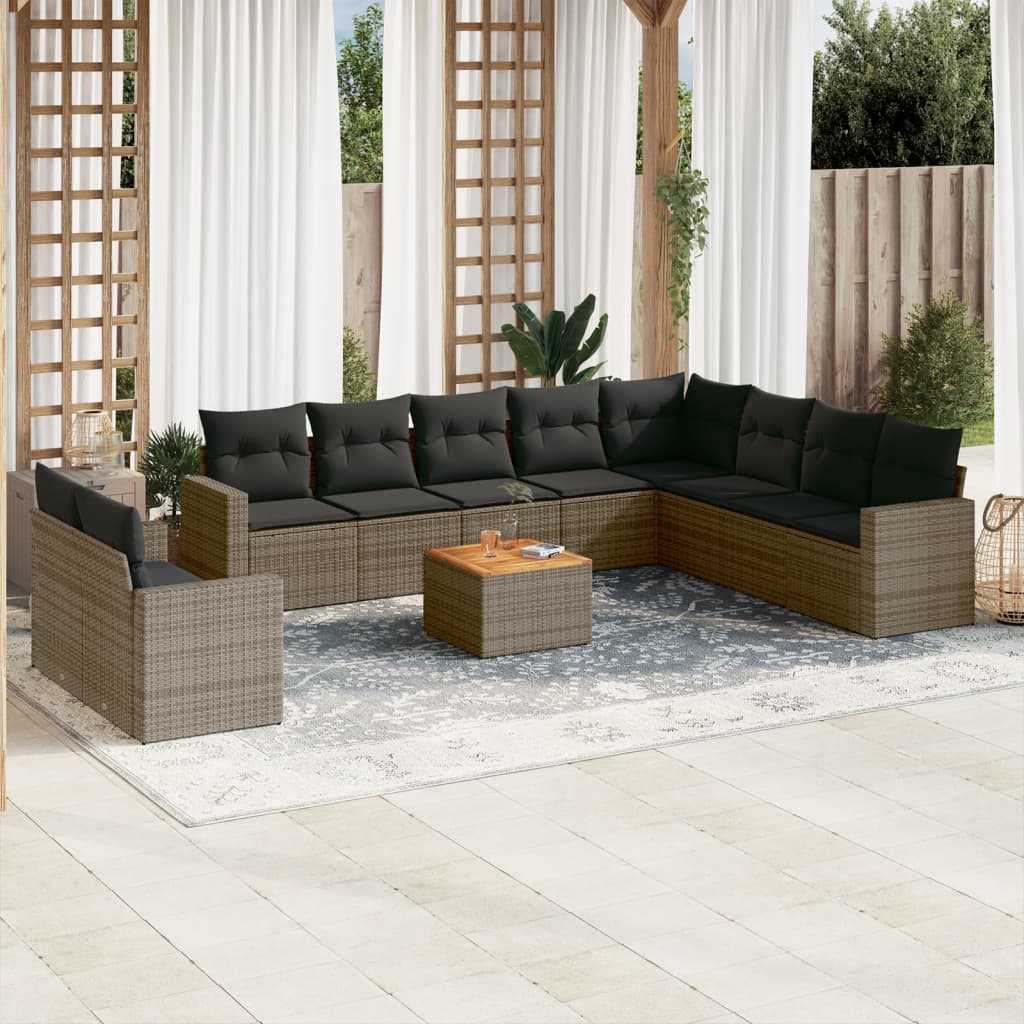 11 Pcs conjunto sofás de jardim c/ almofadões vime PE cinzento