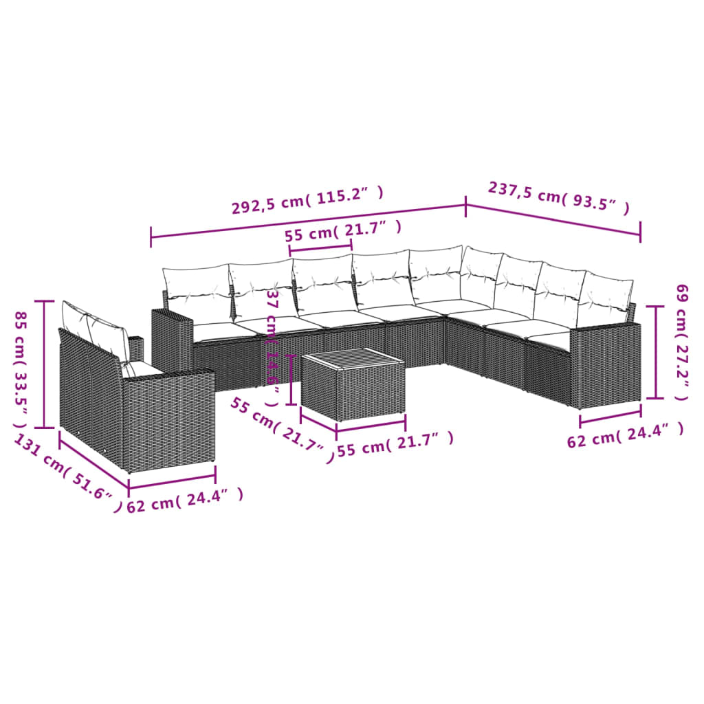 11 Pcs conjunto sofás de jardim c/ almofadões vime PE cinzento