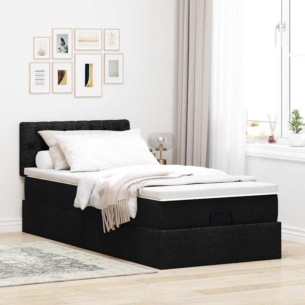 Cama otomana com colchão 100x200 cm tecido preto