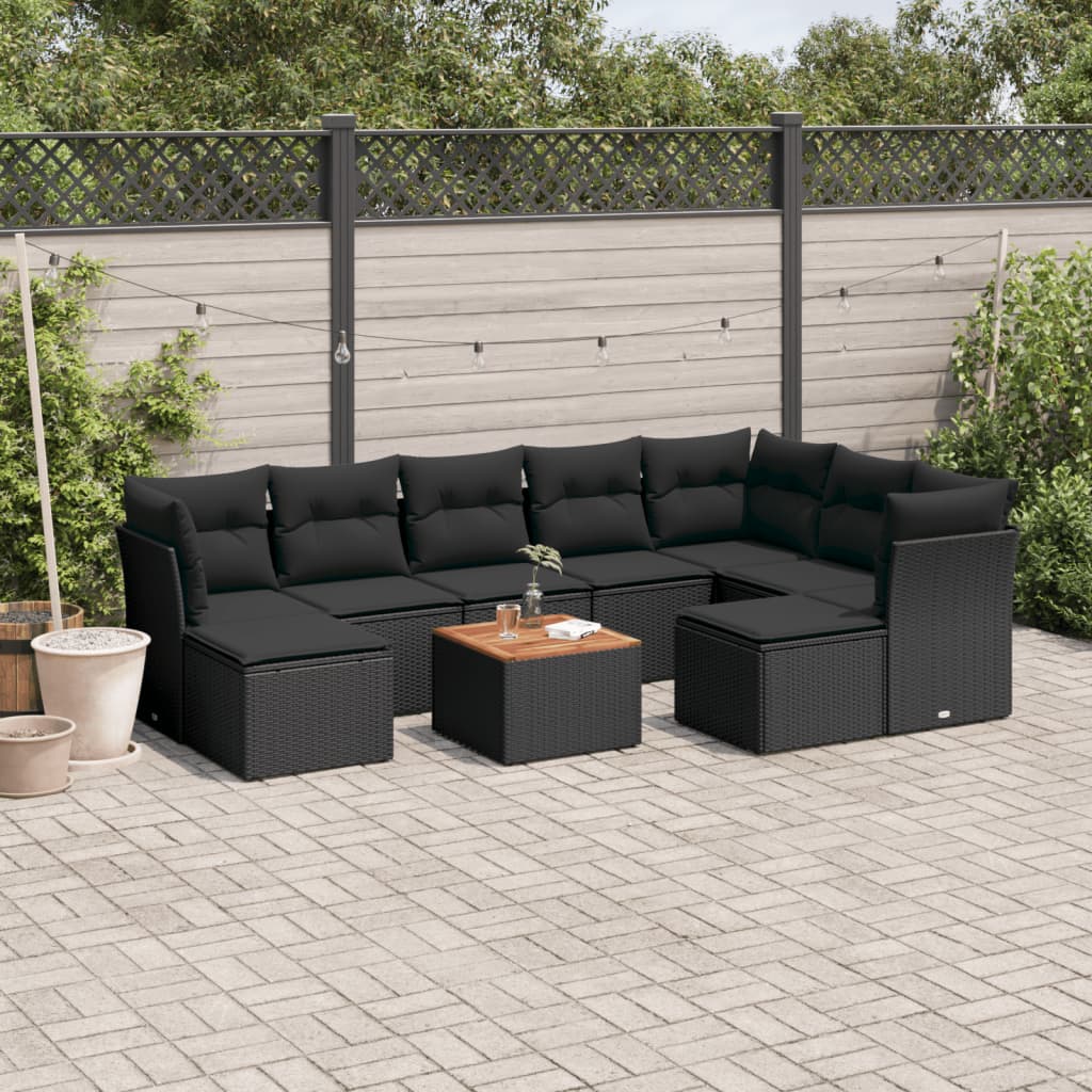 10 Pcs conjunto sofás de jardim c/ almofadões vime PE preto