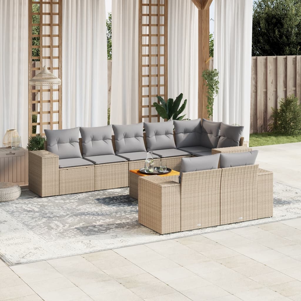 9 Pcs conjunto de sofás p/ jardim com almofadões vime PE bege