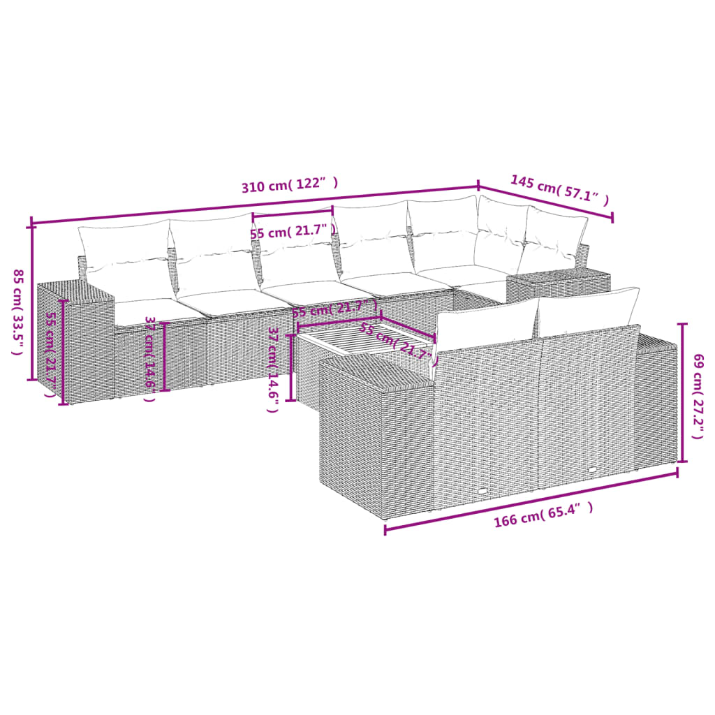 9 Pcs conjunto de sofás p/ jardim com almofadões vime PE bege