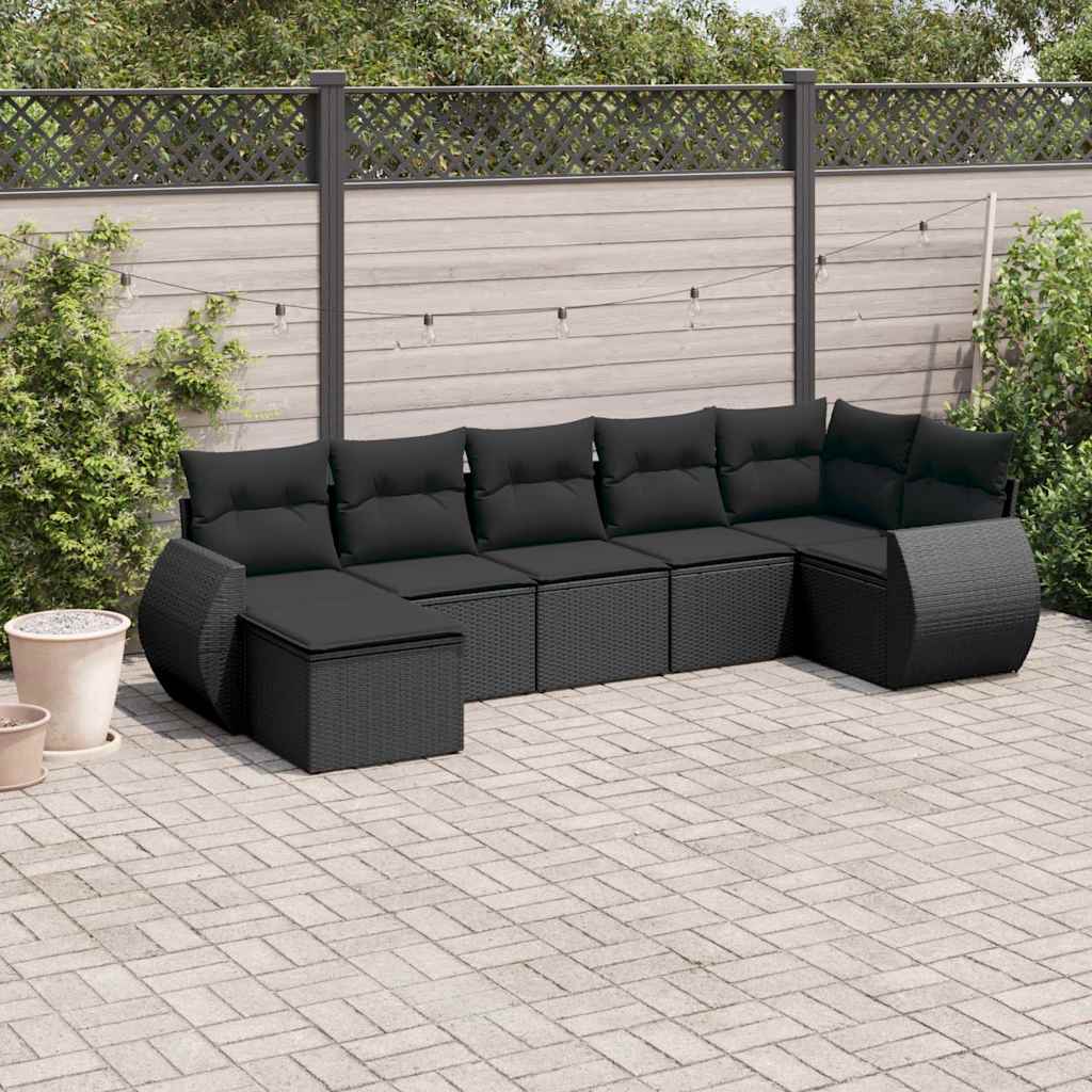 7 Pcs conjunto de sofás p/ jardim c/ almofadões vime PE preto