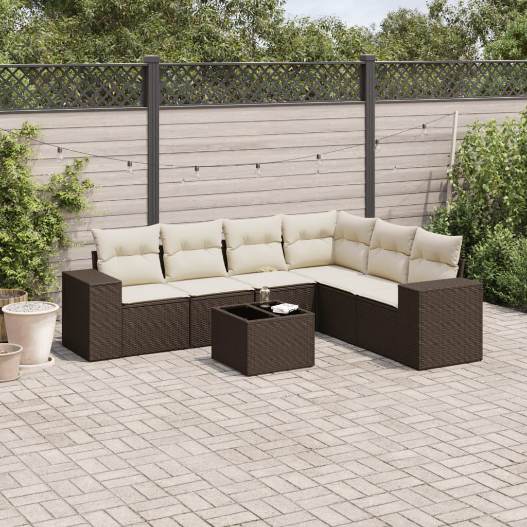 7 Pcs conjunto de sofás jardim c/ almofadões vime PE castanho
