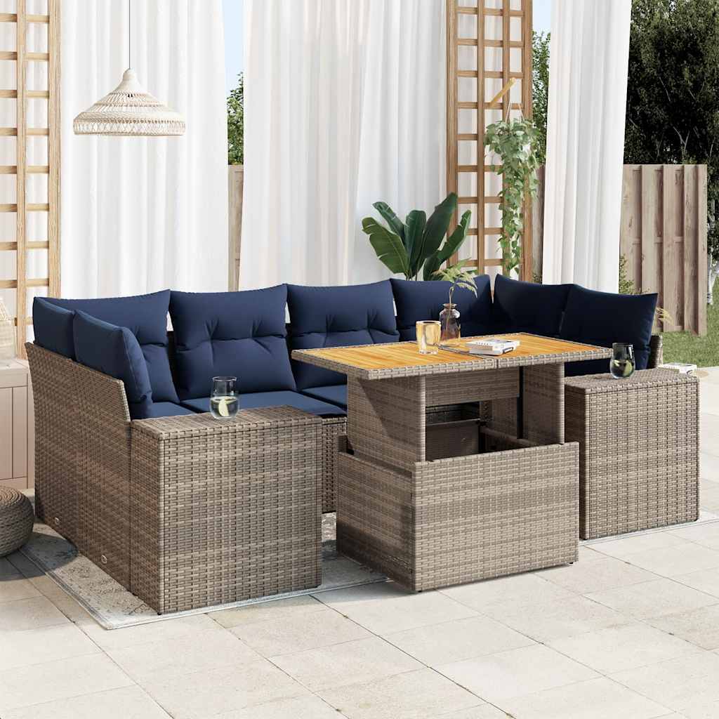 7 Pcs conjunto sofás p/ jardim c/ almofadões vime PE cinzento