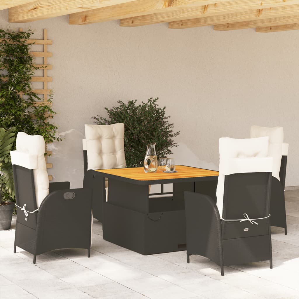 5 Pcs conjunto de jantar p/ jardim c/ almofadões vime PE preto