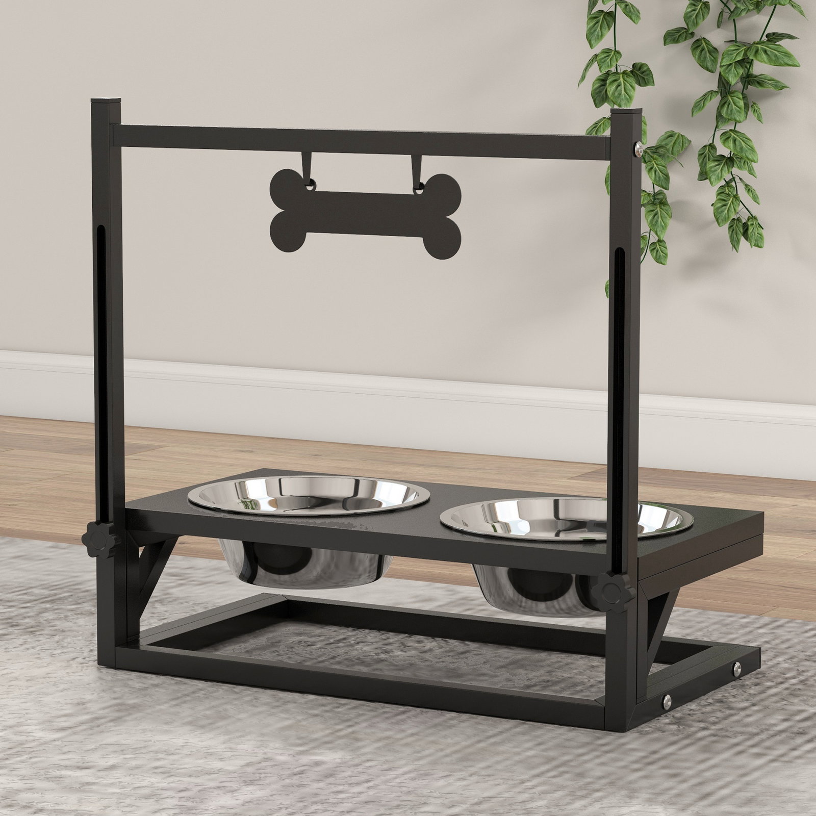 Comedouro elevado para cães com 2 tigelas altura ajustável e 1 peça de metal com formato de osso 40,5x22x39 cm preto