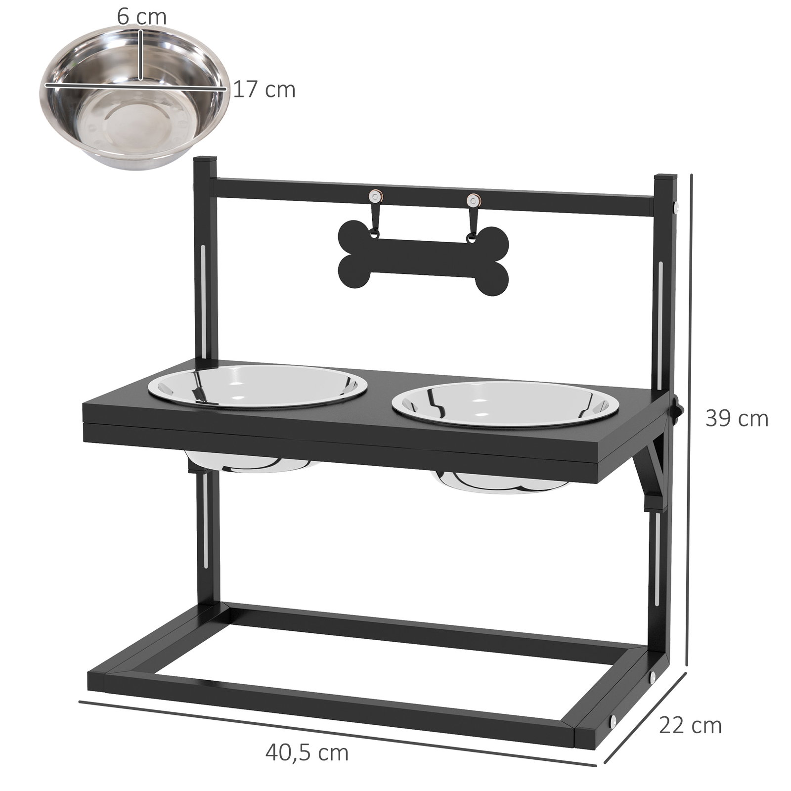 Comedouro elevado para cães com 2 tigelas altura ajustável e 1 peça de metal com formato de osso 40,5x22x39 cm preto