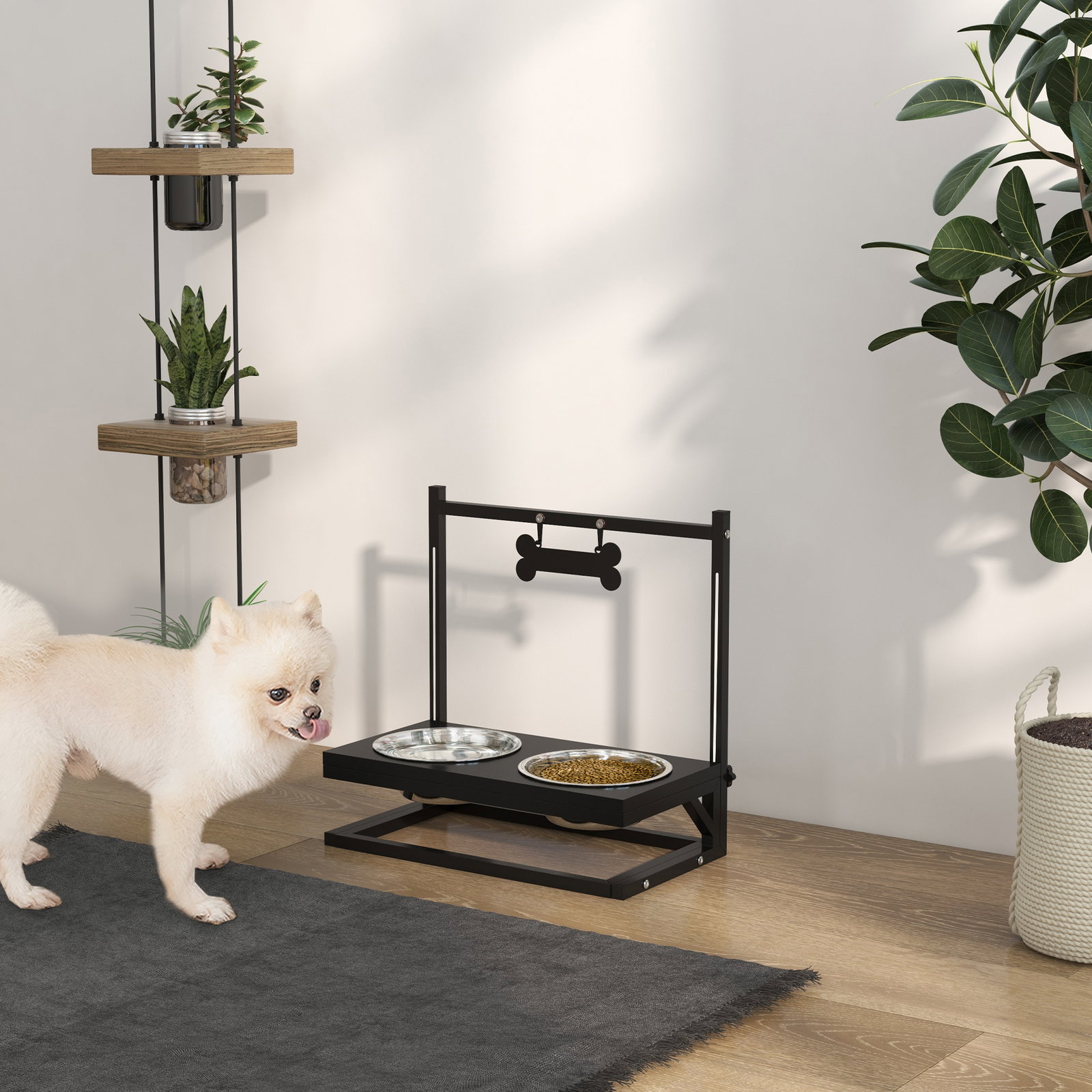 Comedouro elevado para cães com 2 tigelas altura ajustável e 1 peça de metal com formato de osso 40,5x22x39 cm preto