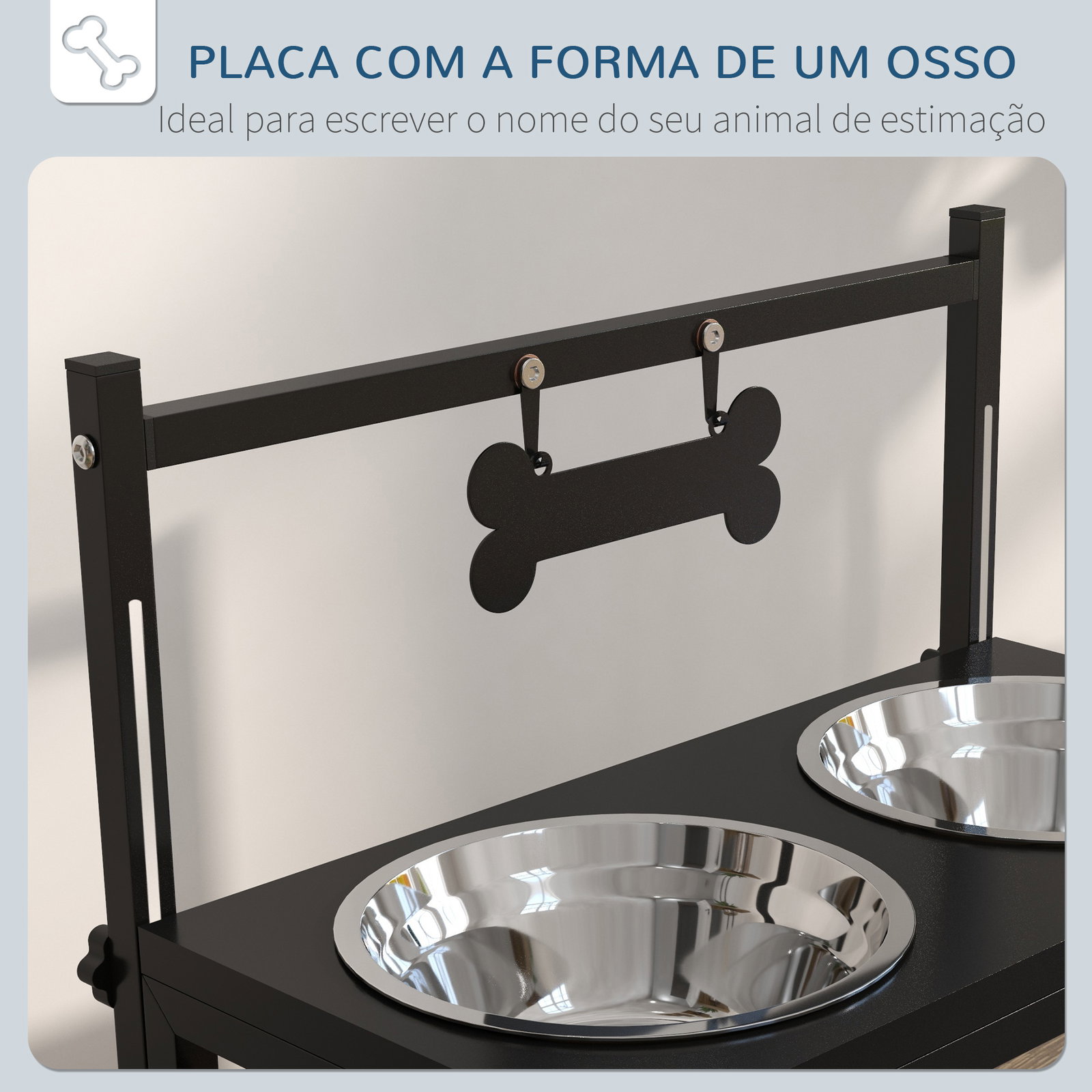 Comedouro elevado para cães com 2 tigelas altura ajustável e 1 peça de metal com formato de osso 40,5x22x39 cm preto