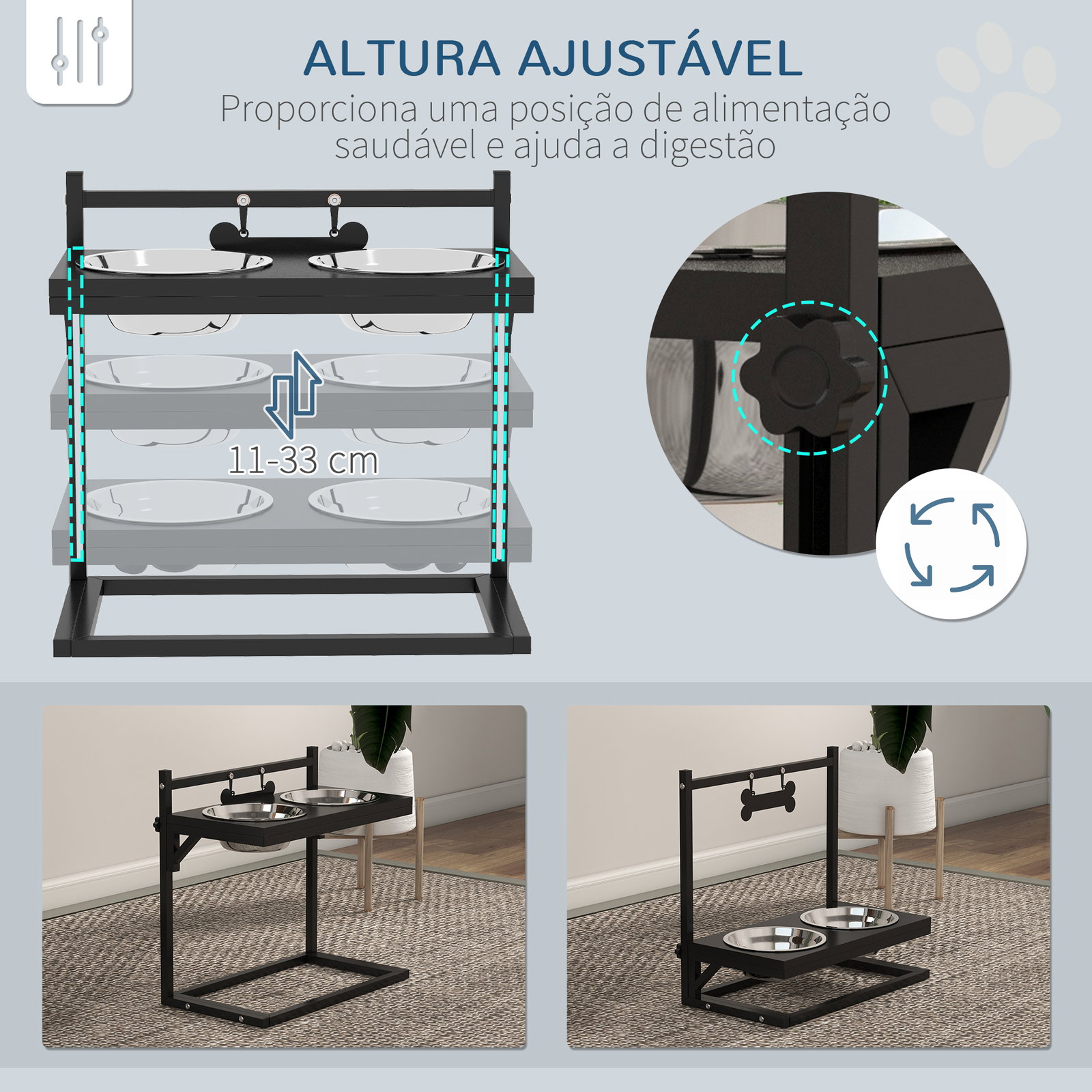Comedouro elevado para cães com 2 tigelas altura ajustável e 1 peça de metal com formato de osso 40,5x22x39 cm preto
