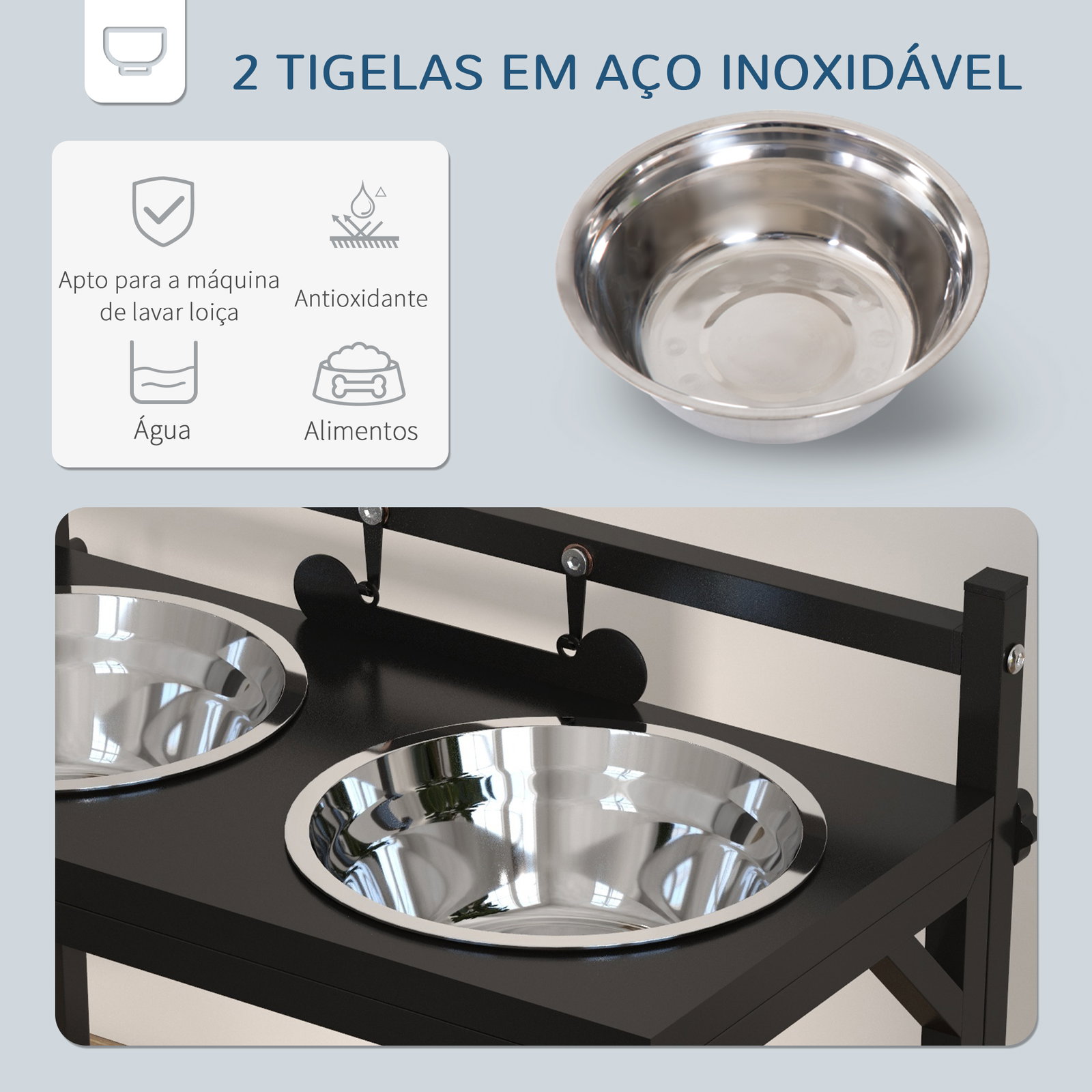 Comedouro elevado para cães com 2 tigelas altura ajustável e 1 peça de metal com formato de osso 40,5x22x39 cm preto