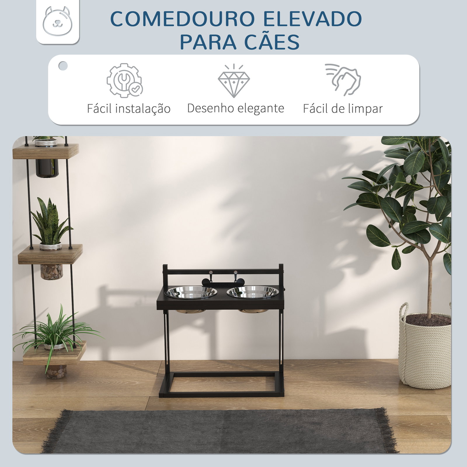 Comedouro elevado para cães com 2 tigelas altura ajustável e 1 peça de metal com formato de osso 40,5x22x39 cm preto