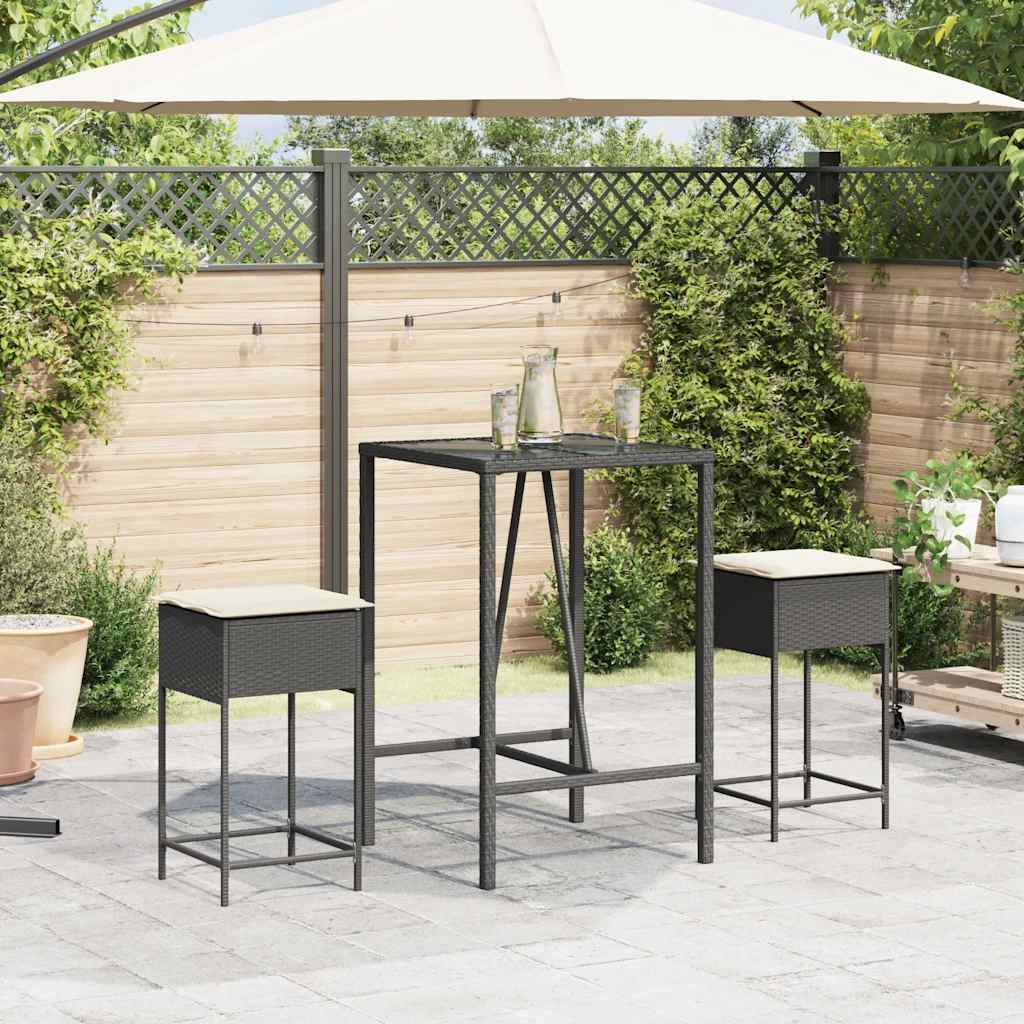 Bancos de bar com almofadões para jardim 2 pcs vime PE preto