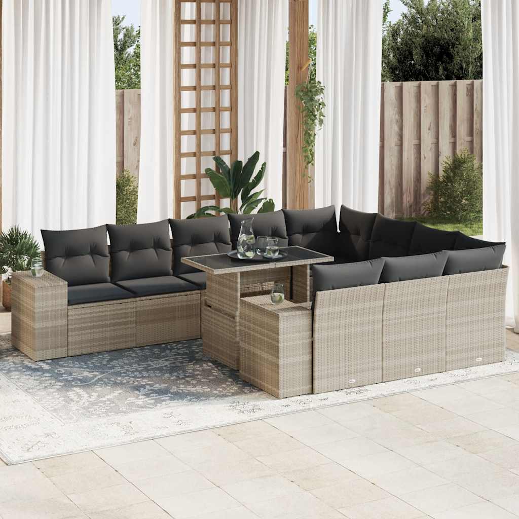 11 Pcs conjunto sofás de jardim c/ almofadões vime PE cinzento