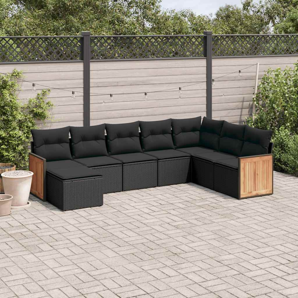 8 Pcs conjunto sofás de jardim com almofadões vime PE preto