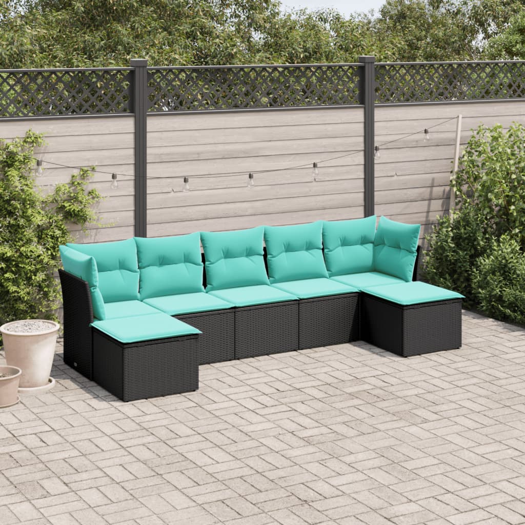 Conjunto de sofá de jardim com 7 peças e almofadas em rattan sintético preto