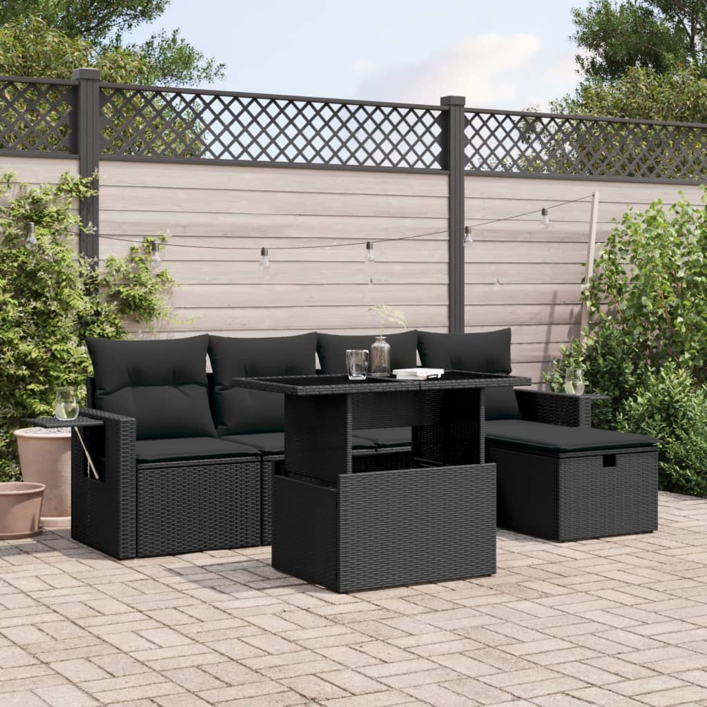 6 Pcs conjunto sofás de jardim c/ almofadões vime PE preto
