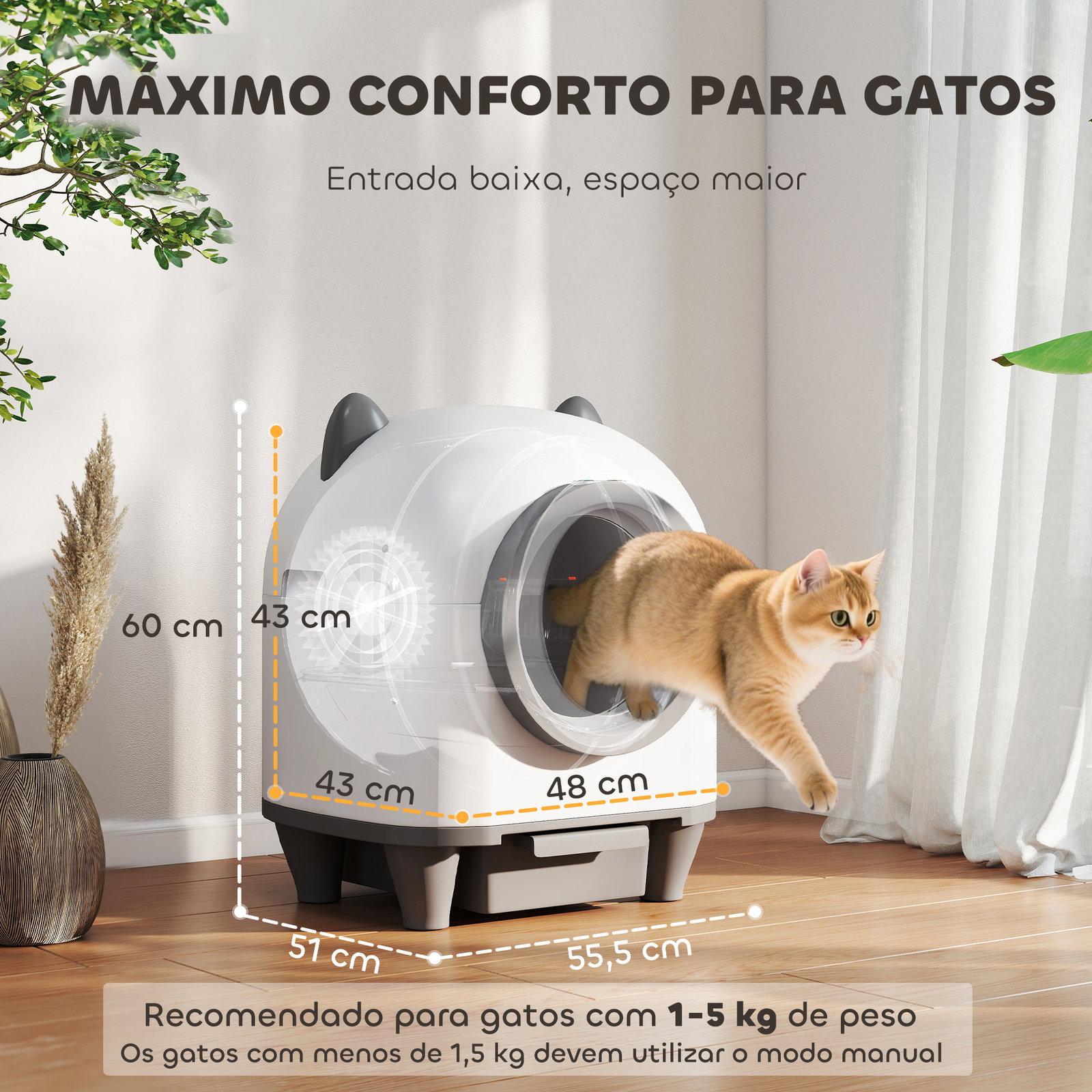 Caixa de areia autolimpante para gatos 80l com eliminação de odores e controlo por app 55,5x51x60 cm branco