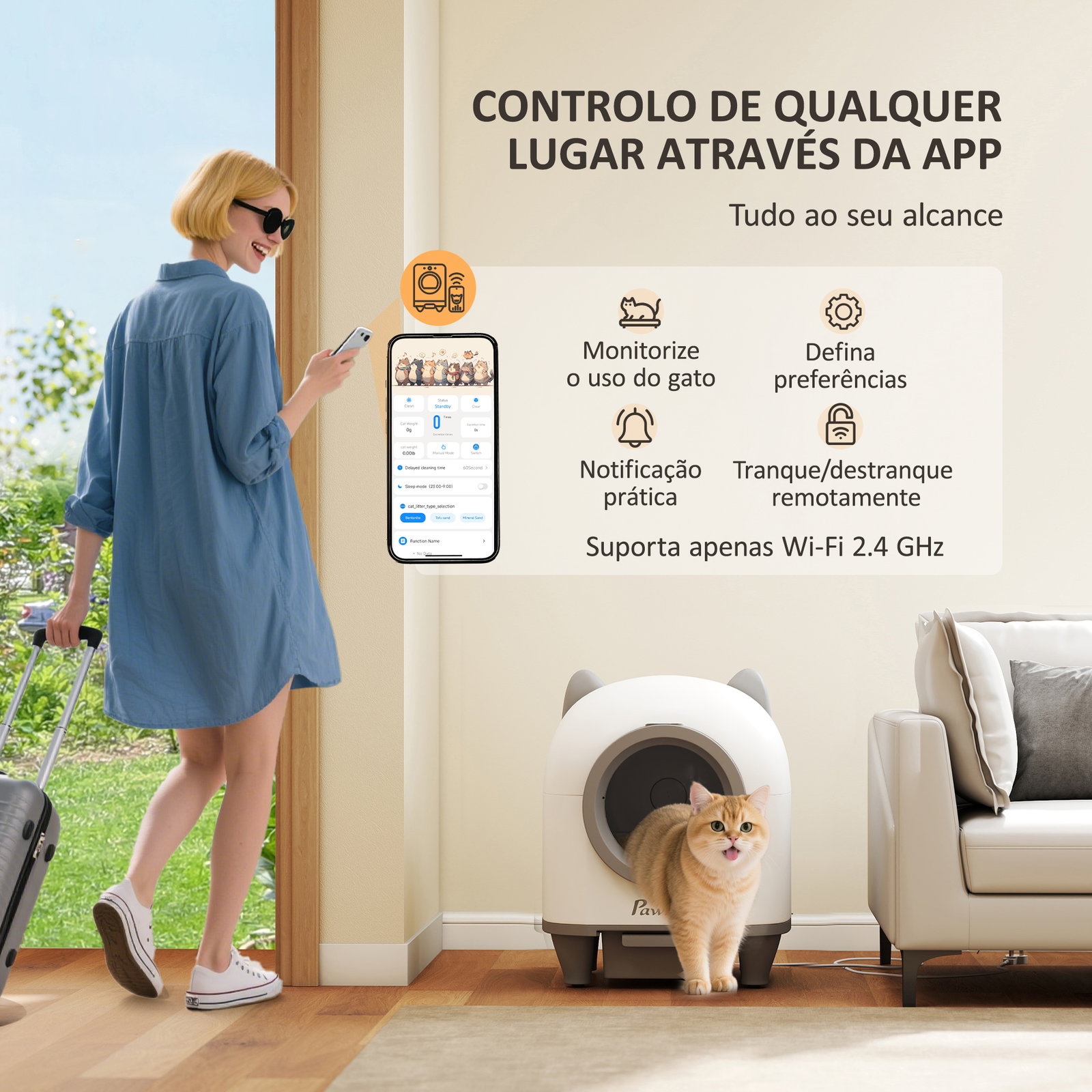 Caixa de areia autolimpante para gatos 80l com eliminação de odores e controlo por app 55,5x51x60 cm branco