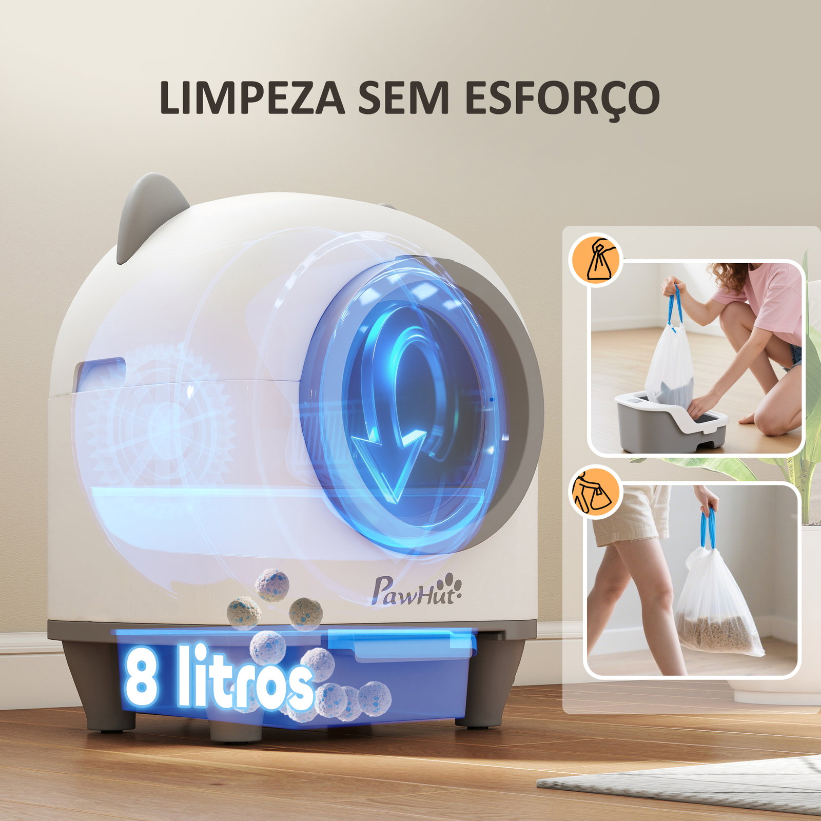 Caixa de areia autolimpante para gatos 80l com eliminação de odores e controlo por app 55,5x51x60 cm branco