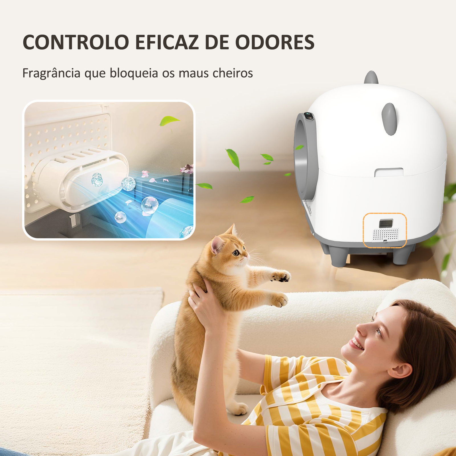 Caixa de areia autolimpante para gatos 80l com eliminação de odores e controlo por app 55,5x51x60 cm branco