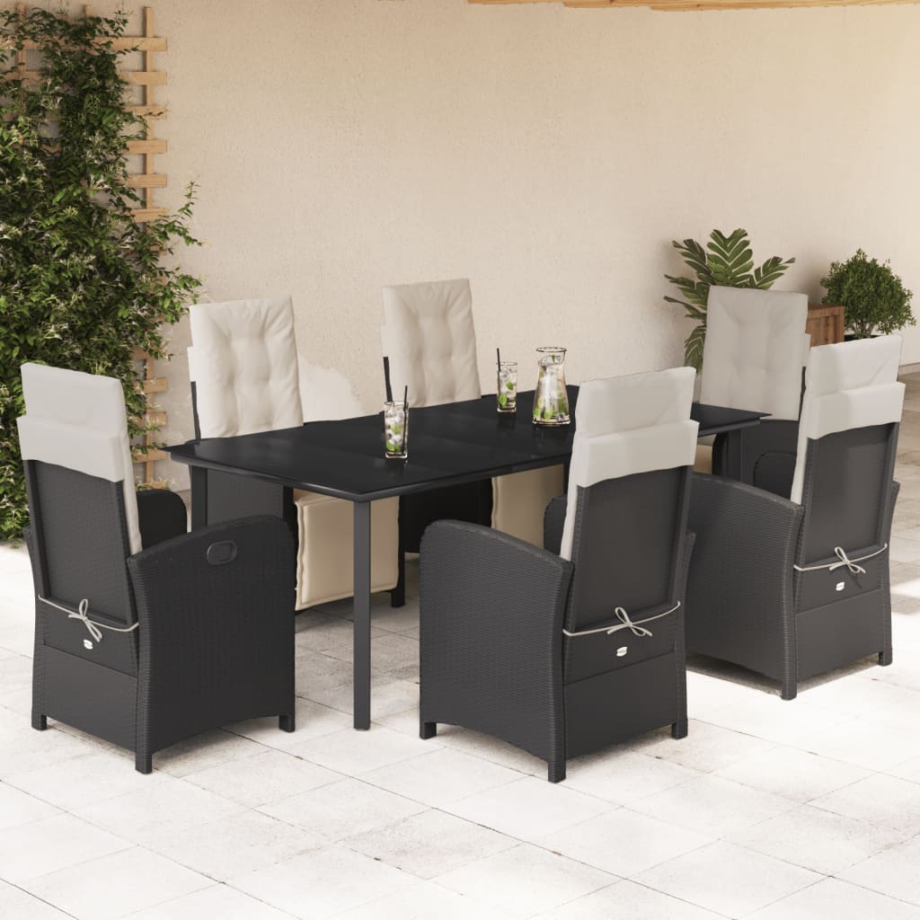 7 Pcs conjunto de jantar p/ jardim c/ almofadões vime PE preto