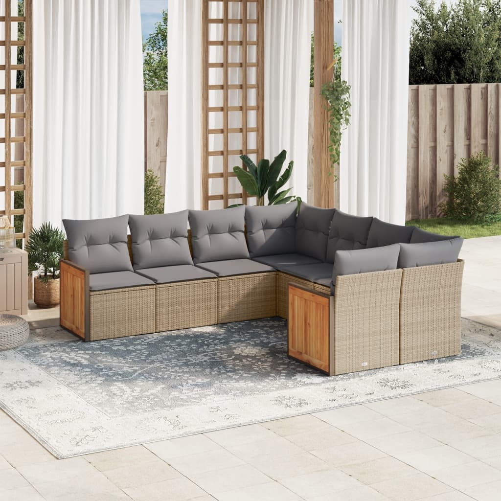 8 Pcs conjunto de sofás p/ jardim com almofadões vime PE bege