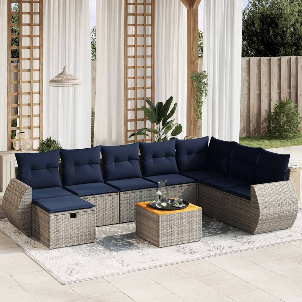 Conjunto de sofá de jardim de 9 peças com almofadas em rattan sintético cinza