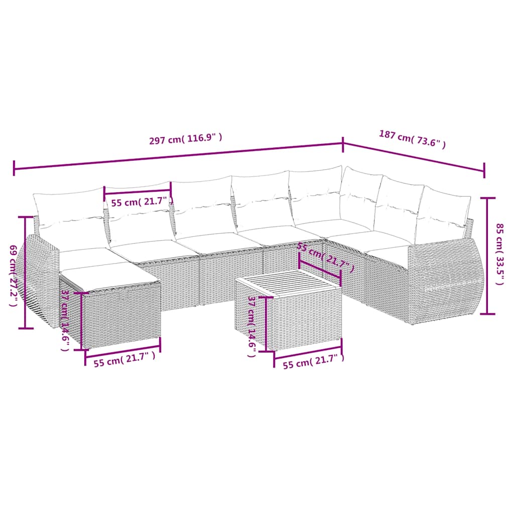 Conjunto de sofá de jardim de 9 peças com almofadas em rattan sintético cinza