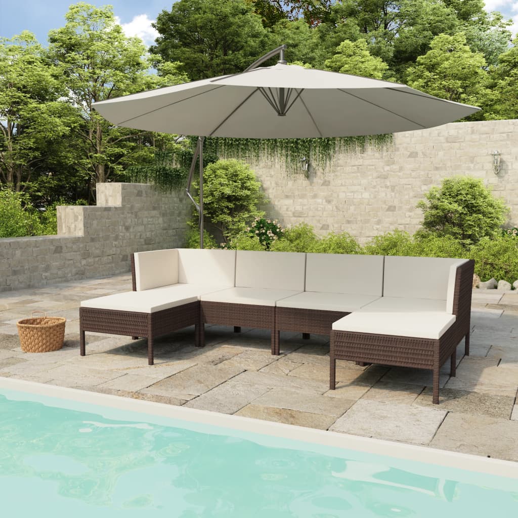 6 Pcs conjunto lounge jardim c/ almofadões vime PE castanho