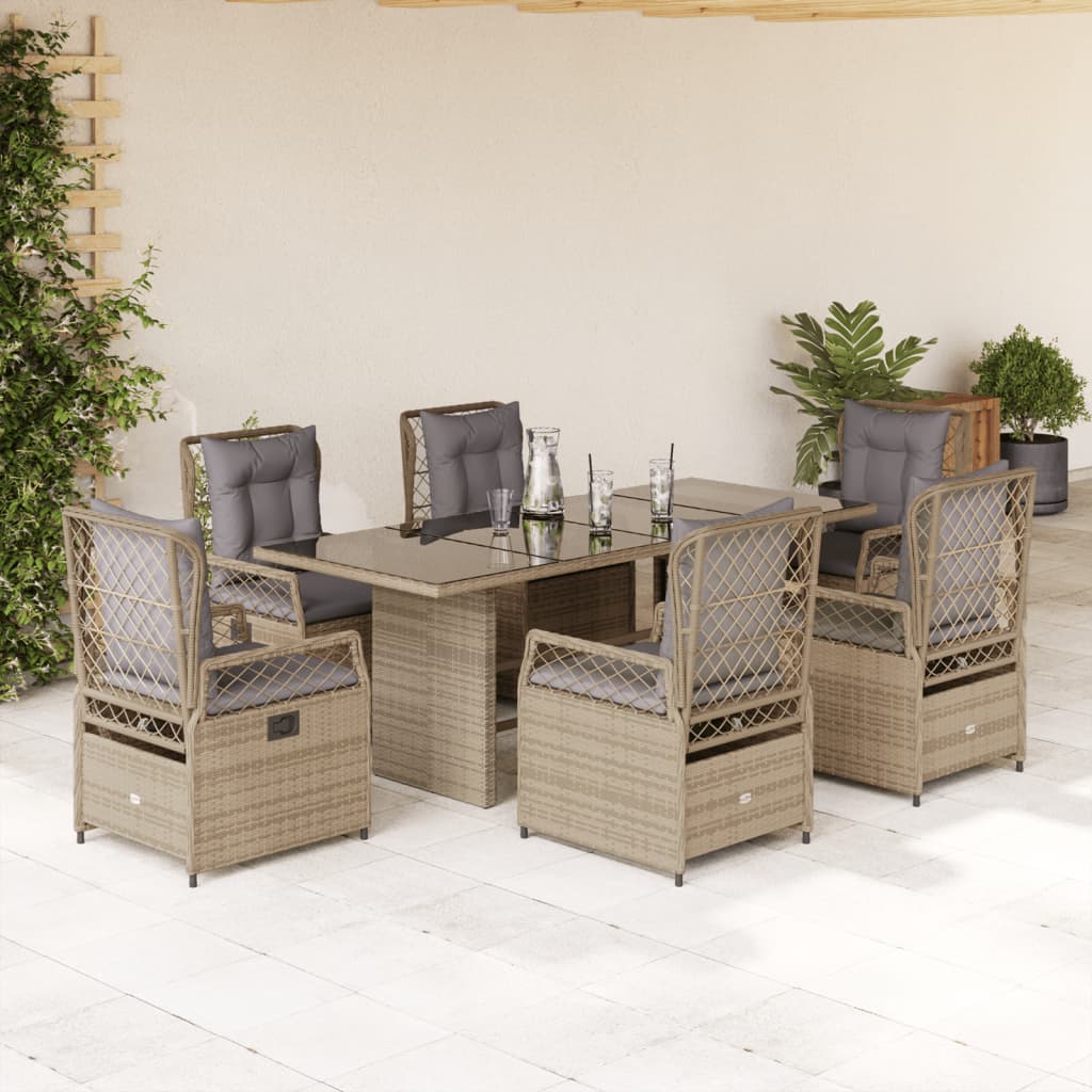 7 Pcs conjunto de jantar p/ jardim com almofadões vime PE bege