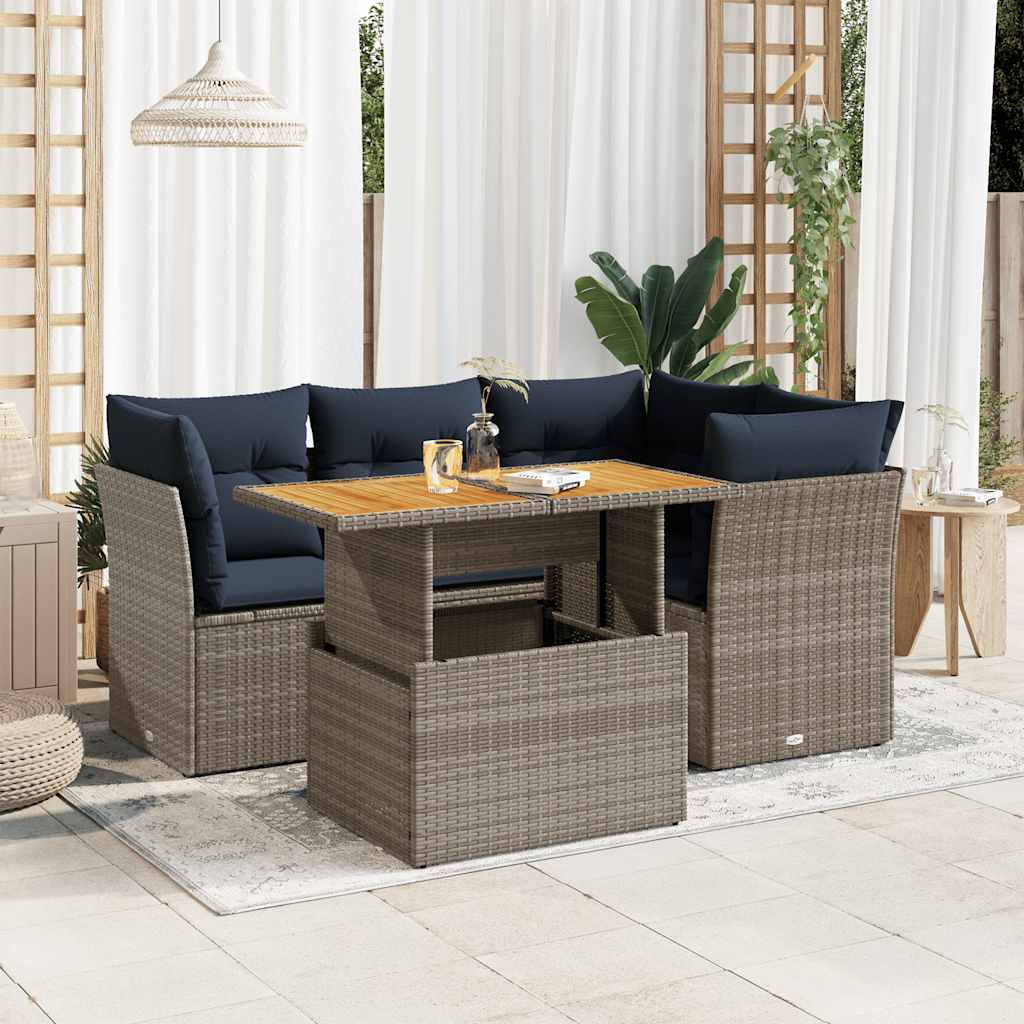 5 Pcs conjunto sofás de jardim c/ almofadões vime PE cinzento