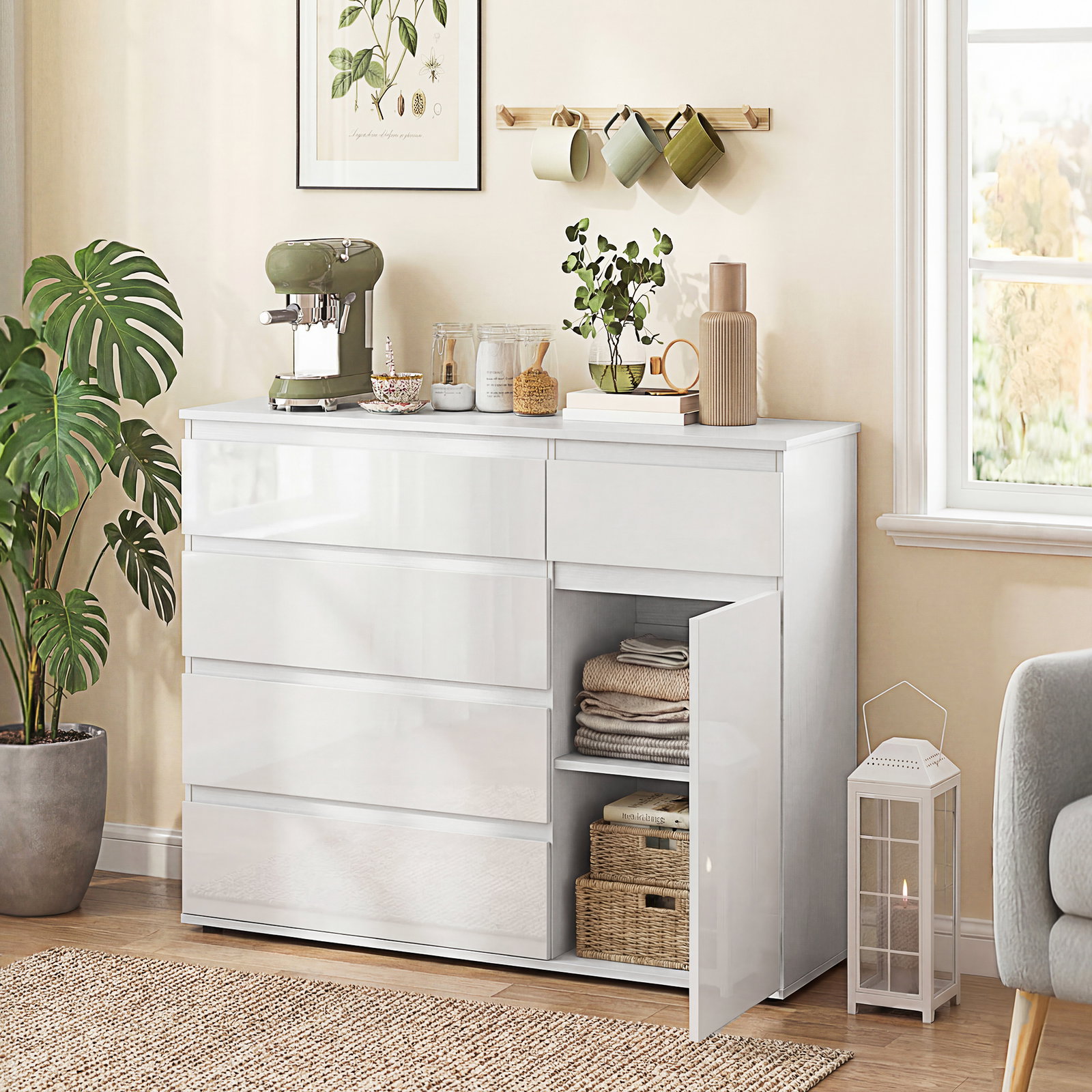 Aparador de sala com 5 gavetas prateleiras ajustáveis e porta com fecho suave 100x40x80 cm branco brilhante