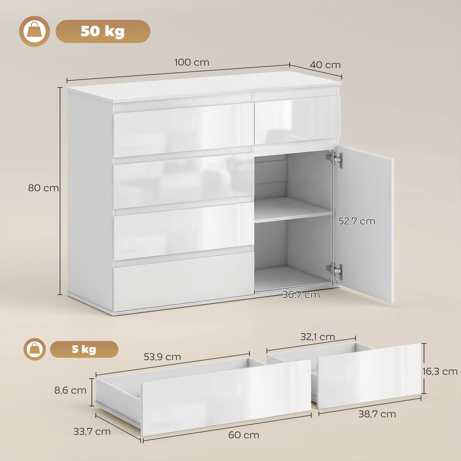Aparador de sala com 5 gavetas prateleiras ajustáveis e porta com fecho suave 100x40x80 cm branco brilhante