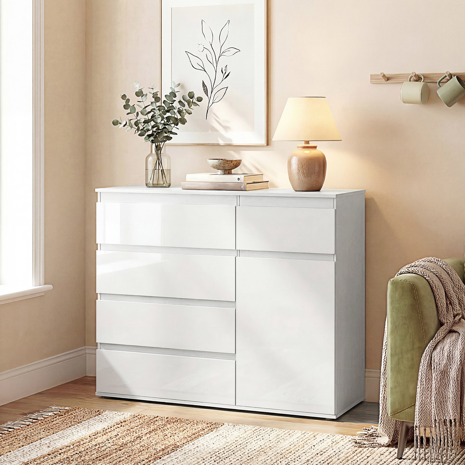 Aparador de sala com 5 gavetas prateleiras ajustáveis e porta com fecho suave 100x40x80 cm branco brilhante